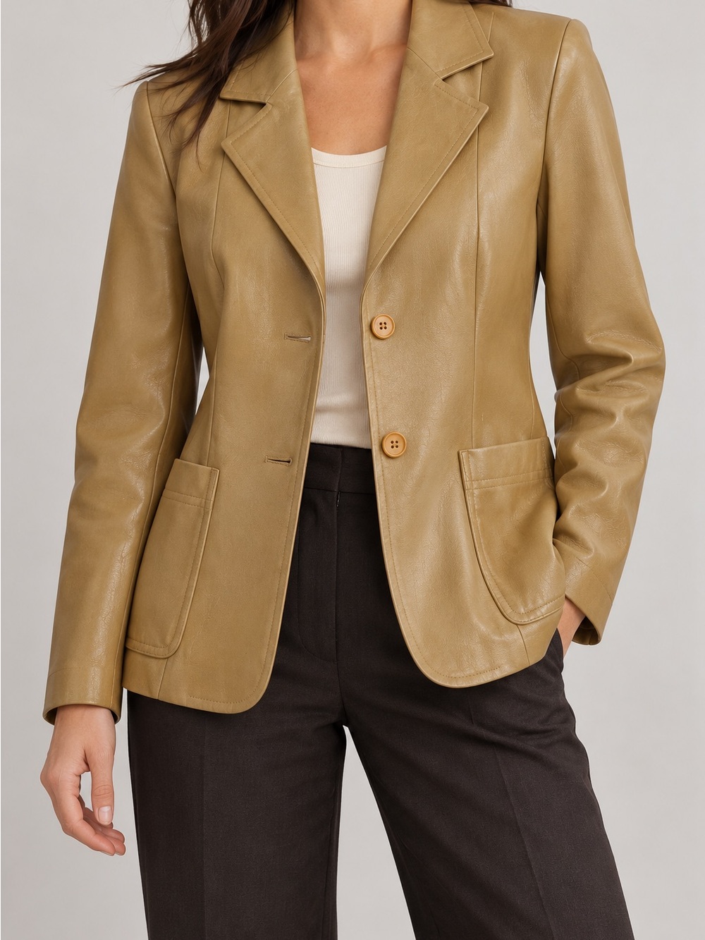 Zara Olive-Tan Leather Tailored Blazer